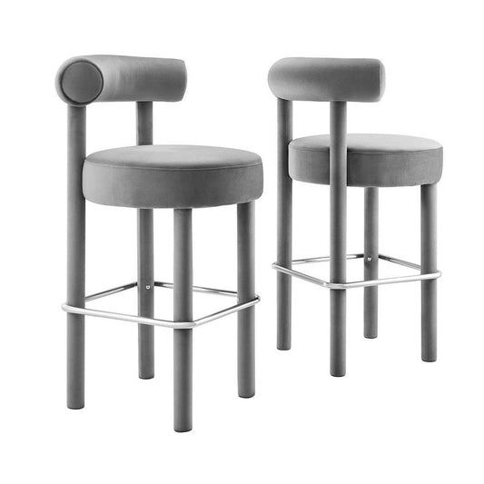 Modway Toulouse Performance Velvet Upholstered Bar Stool in Gray Silver with Stain-Resistant Upholstery-Set of 2, 19.5