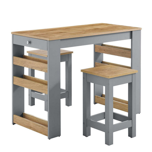 Modway Galley 3-Piece Small Kitchen Island Set with Seating and Storage in Oak Gray - Rustic Island with Cutlery Drawer and 2 Stools, Perfect Prep Table or Freestanding Kitchen Cart