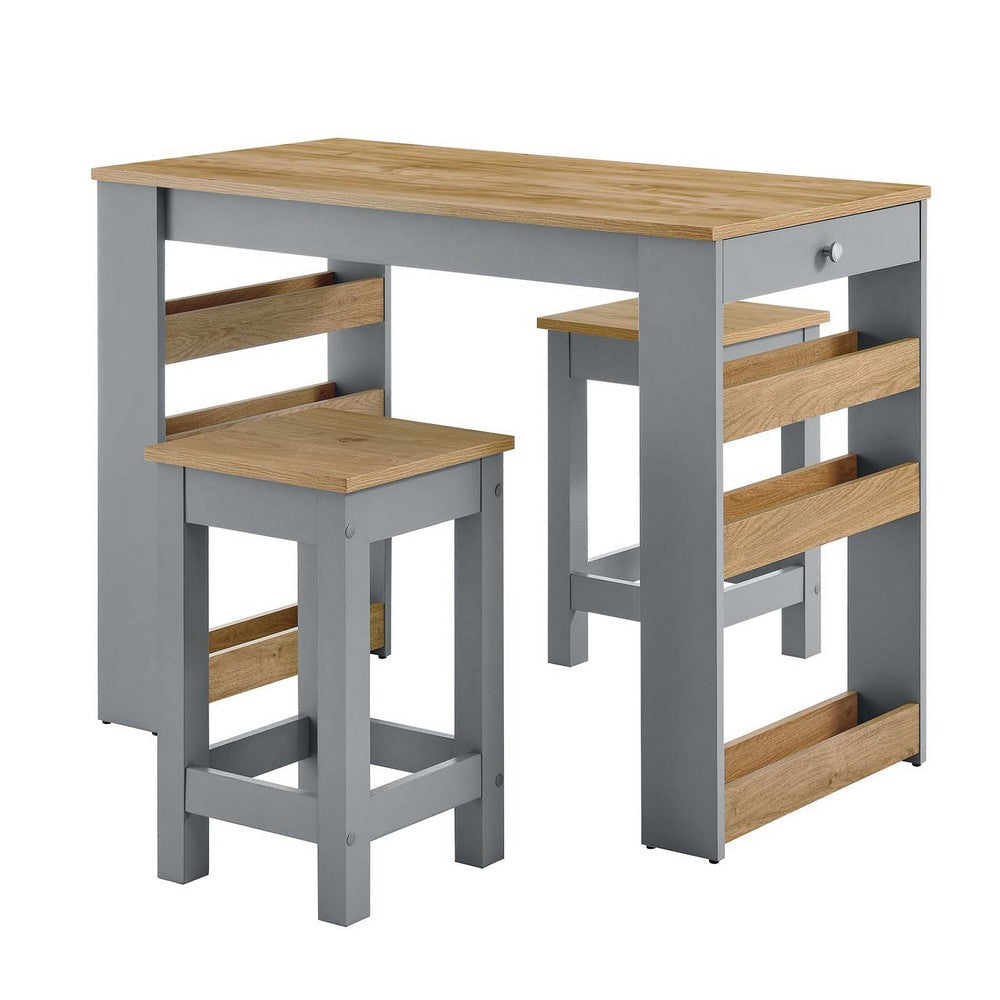 Modway Galley 3-Piece Small Kitchen Island Set with Seating and Storage in Oak Gray - Rustic Island with Cutlery Drawer and 2 Stools