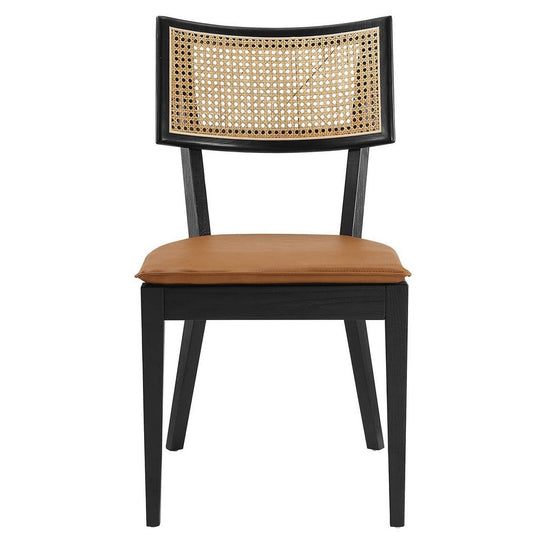 Modway Caledonia Elm Wood Rattan Set of 2 in Walnut Beige | Retro Kitchen, Living Accent Chair for Dining Room