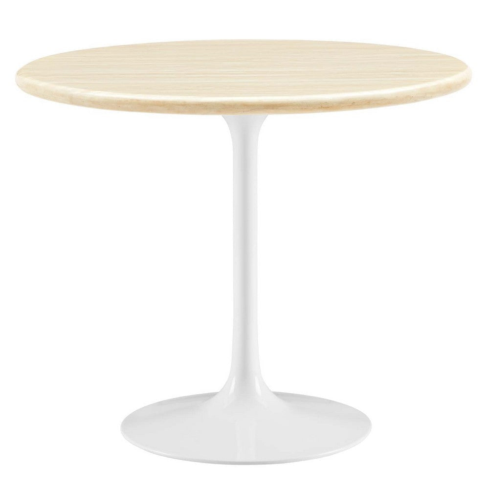 Modway Lippa 36" Round Artificial Dining Table with Tapered, Metal Base, White Travertine