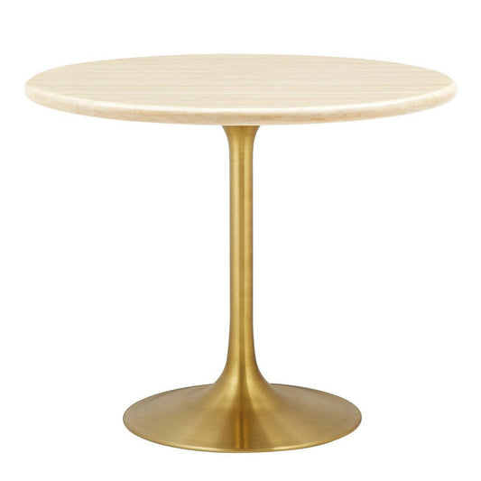 Modway Lippa 36" Round Artificial Dining Table with Tapered, Metal Base, Gold Travertine