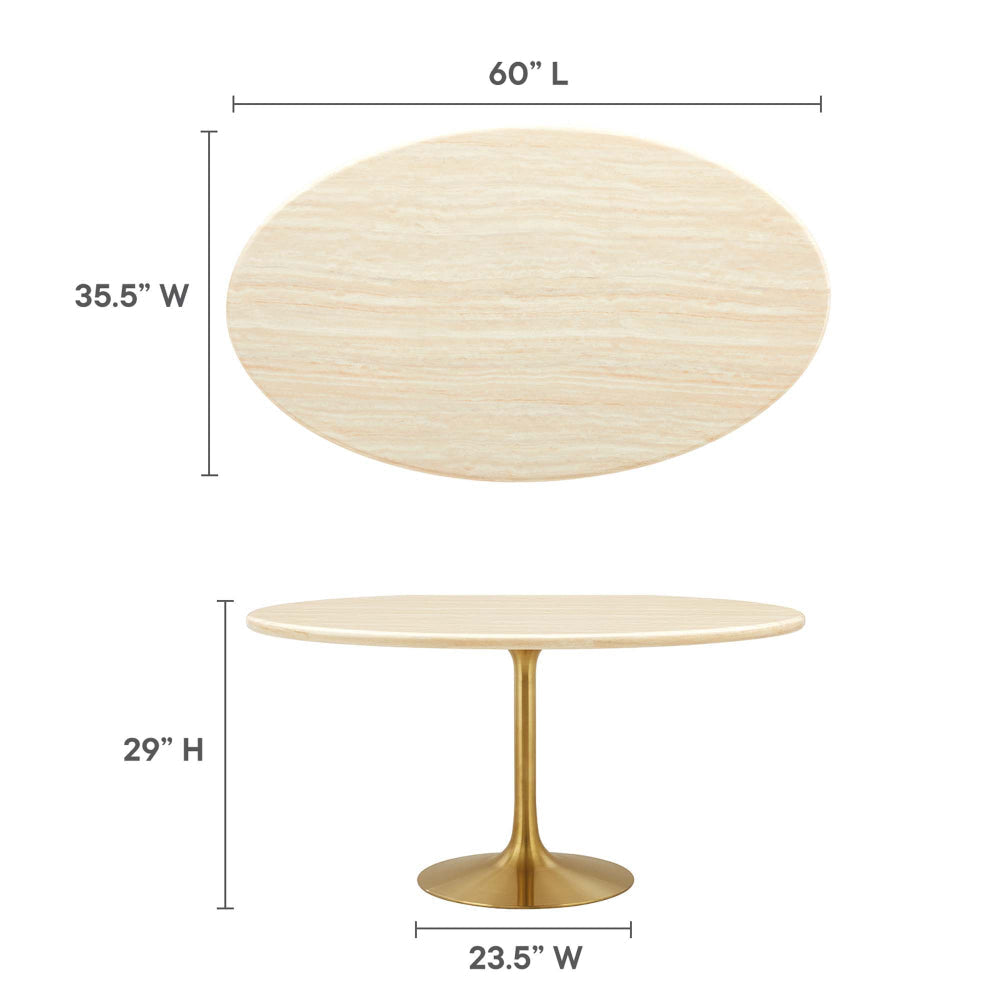 Modway Lippa 60” Oval Artificial Dining Table with Tapered Metal Base Gold Travertine MDY-EEI-6759-GLD-TRA