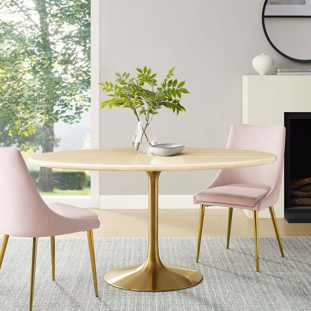 Modway Lippa 60” Oval Artificial Dining Table with Tapered, Metal Base, Gold Travertine