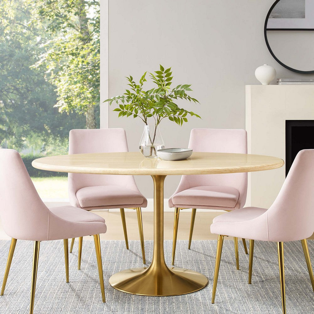 Modway Lippa 60” Oval Artificial Dining Table with Tapered Metal Base Gold Travertine MDY-EEI-6759-GLD-TRA