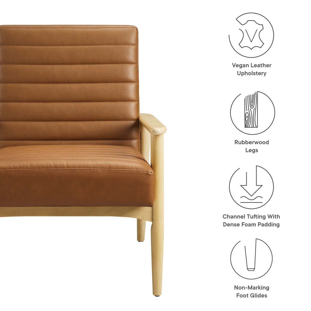 Modway Jensen Vegan Leather Accent Chair in Natural Tan - Mid-Century Modern Armchair with Solid Wood Legs & Armrest - Upholstered Faux