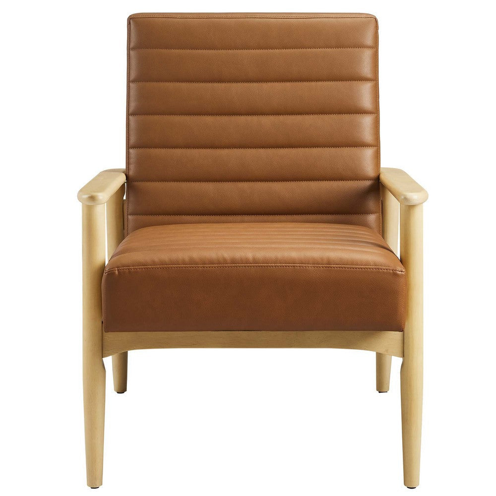 Modway Jensen Vegan Leather Accent Chair in Natural Tan - Mid-Century Modern Armchair with Solid Wood Legs & Armrest - Upholstered Faux