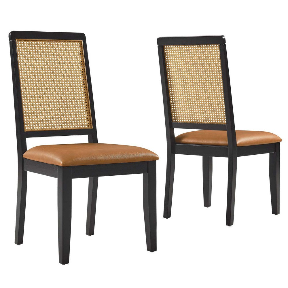 Arlo Vegan Leather Upholstered Faux Rattan and Wood Dining Side Chairs - Set of 2  - No Shipping Charges