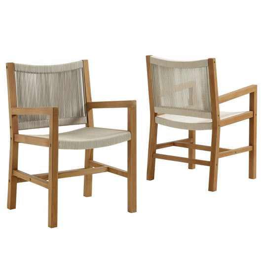 Modway Vienna Outdoor Patio Teak Wood Dining Armchairs Set of 2 in Natural Natural – Woven Rope Patio Chairs with Armrests – Teak Accent Chairs – Weather-Resistant Deck Chairs for Backyard, Porch