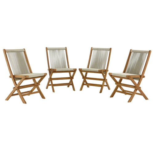 Modway Vienna Outdoor Patio Teak Wood Folding Chairs Set of 4 in Natural Natural – Weather-Resistant Woven Rope Armless Patio Dining Chairs – Foldable Deck Chairs for Backyard, Garden, Porch