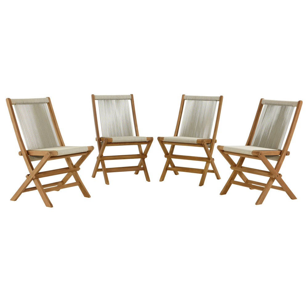 Modway Vienna Outdoor Patio Teak Wood Folding Chairs Set of 4 in Natural Natural – Weather-Resistant Woven Rope Armless Patio Dining Chairs – Foldable Deck Chairs for Backyard, Garden, Porch