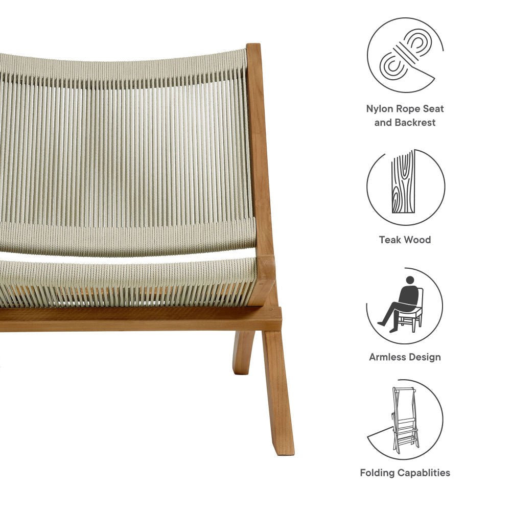 Modway Vienna Outdoor Patio Teak Wood Folding Lounge Chair in Natural Natural