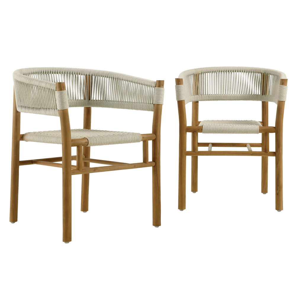 Modway Vienna Outdoor Patio Teak Wood Dining Armchairs with Curved Back Set of 2 in Natural Natural – Weather-Resistant Woven Rope Patio Chairs – Stackable Outdoor Accent Chairs for Backyard, Garden
