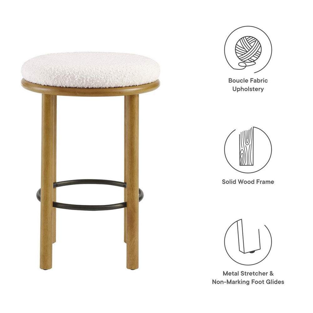 Modway Fable 26 Inch Backless Counter Stools Set of 2 in Oak Ivory - Kitchen Stools Counter Height - 2Pcs Upholstered Padded Boucle Seat