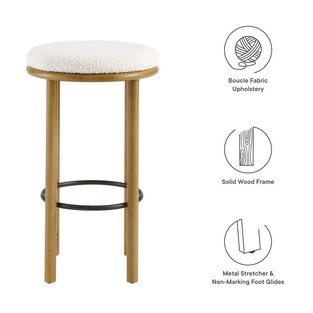 Modway Fable 30 Inch Backless Wood Bar Stools Set of 2 in Oak Ivory - Upholstered Padded Boucle Round Barstool - 2Pc Bar Height Stools