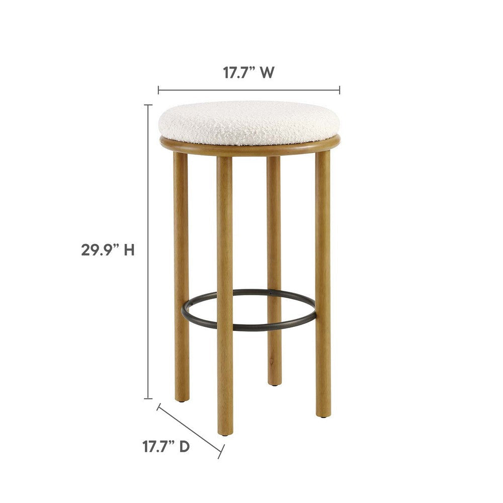 Modway Fable 30 Inch Backless Wood Bar Stools Set of 2 in Oak Ivory - Upholstered Padded Boucle Round Barstool - 2Pc Bar Height Stools