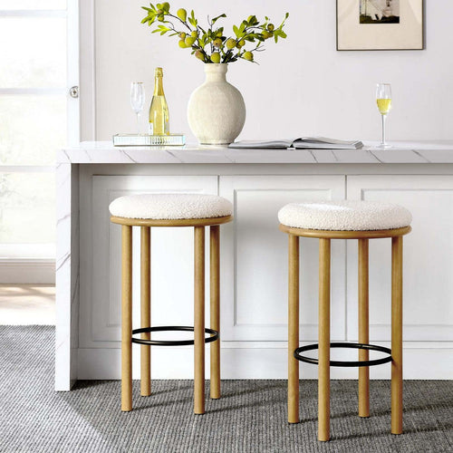 Modway Fable 30 Inch Backless Wood Bar Stools Set of 2 in Oak Ivory - Upholstered Padded Boucle Round Barstool - 2Pc Bar Height Stools with Footrest