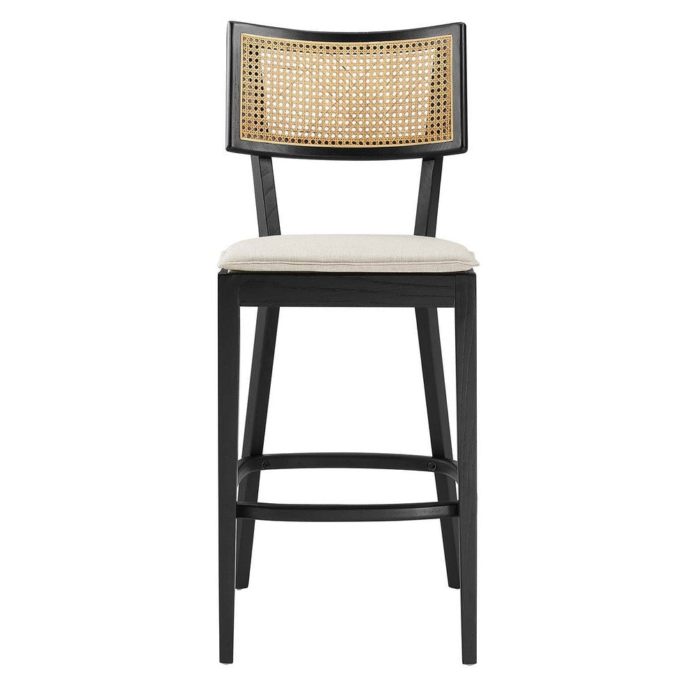 Modway Caledonia 46.5 Inch Elm Wood Bar Stools - Set of 2 in Black Beige - Padded Bar Stools with Rattan Back and Removable Cushion Cover