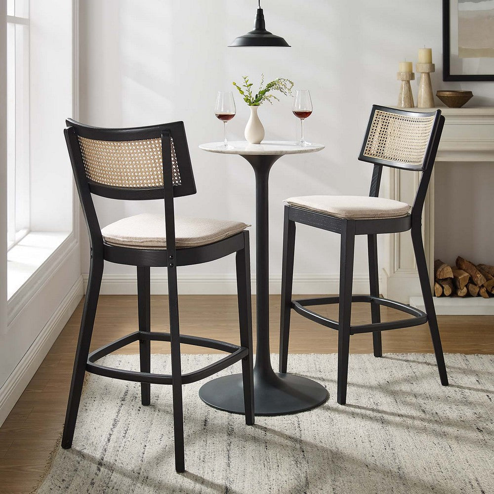 Modway Caledonia 46.5 Inch Elm Wood Bar Stools - Set of 2 in Black Beige - Padded Bar Stools with Rattan Back and Removable Cushion Cover - 2Pc High Bar Chairs with Footrest - Armless Bar Stools