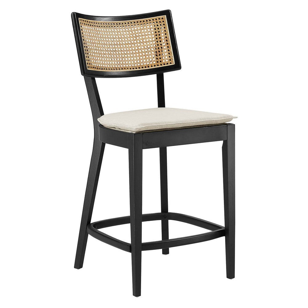 Modway Caledonia 42.5 Inch Elm Wood Counter Stools - Set of 2 in Black Beige - Padded Counter Stools with Rattan Back and Removable Cover