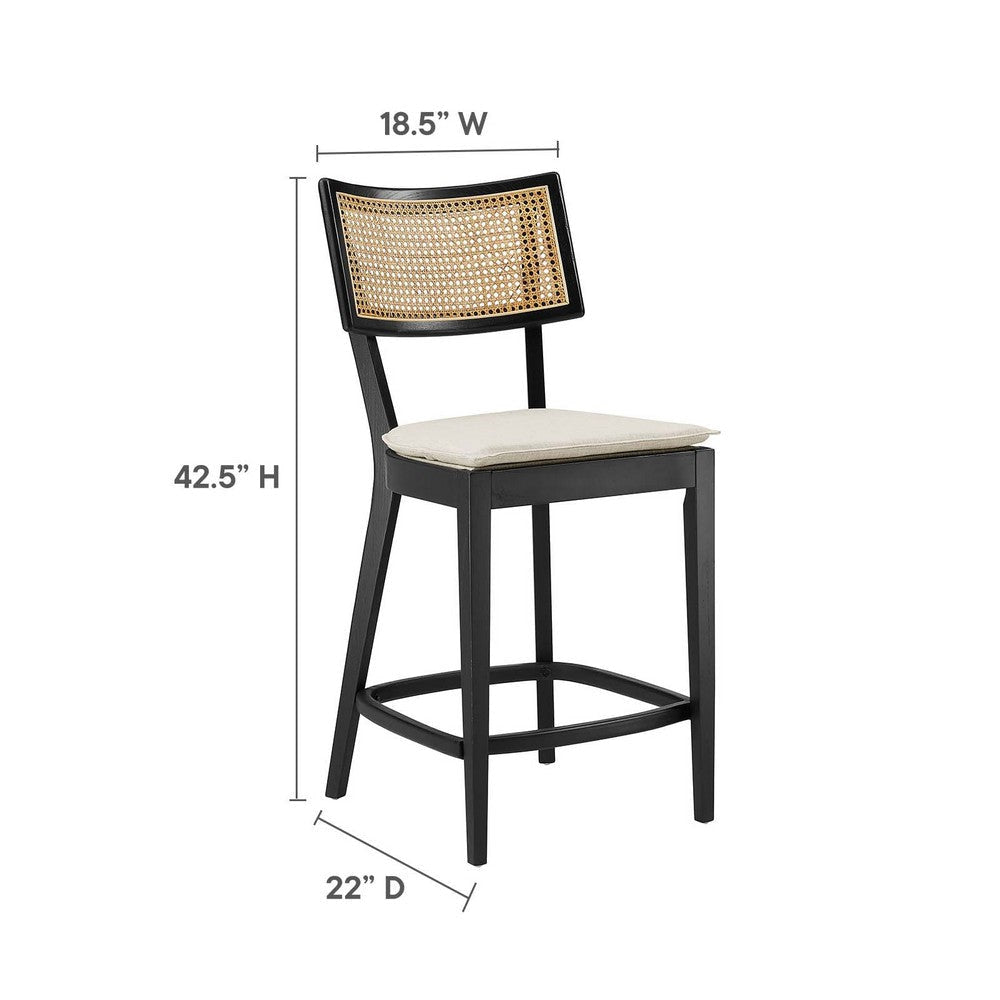 Modway Caledonia 42.5 Inch Elm Wood Counter Stools - Set of 2 in Black Beige - Padded Counter Stools with Rattan Back and Removable Cover