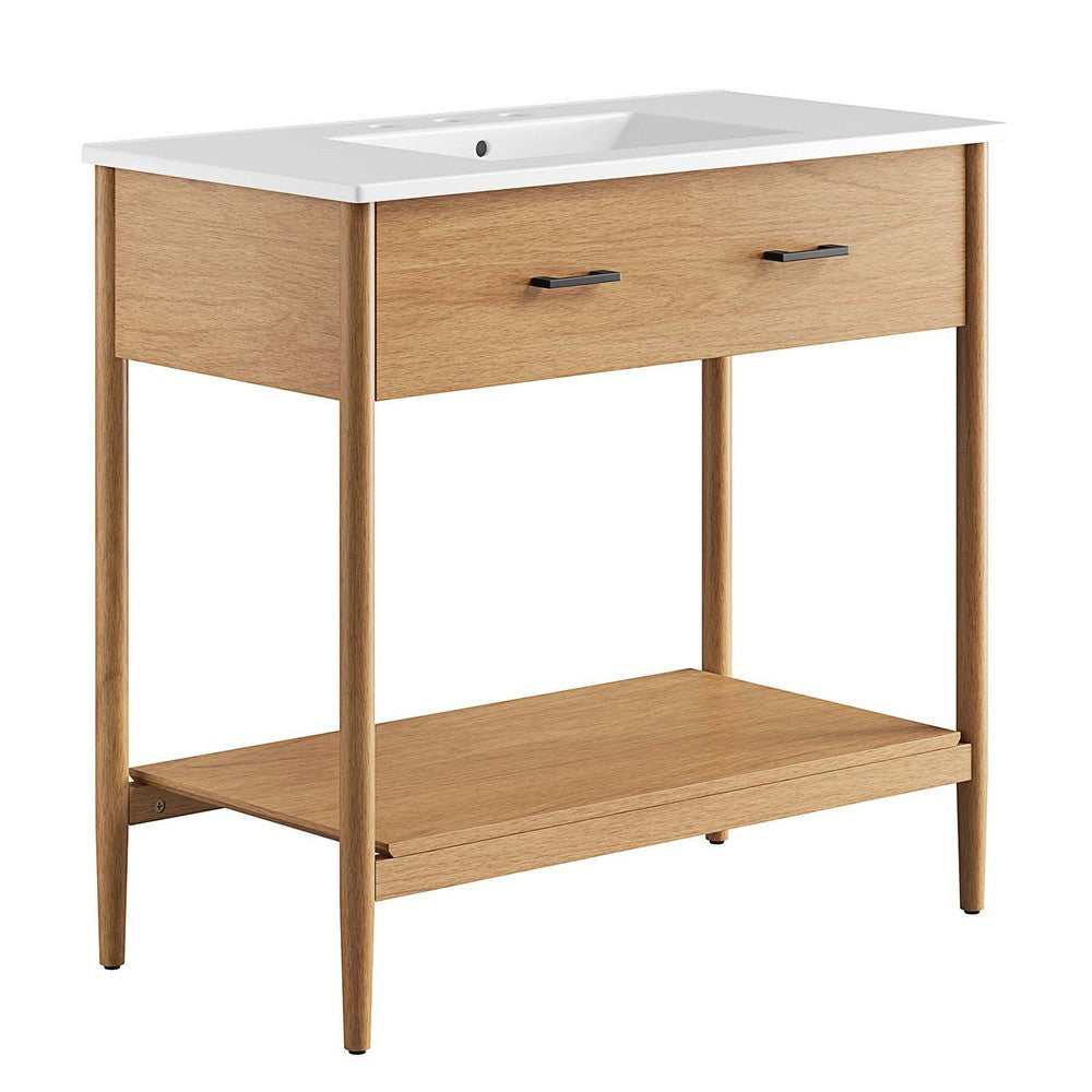 Modway Zaire 36â€ Mid-Century Bathroom Vanity Washstand in Natural White with Ceramic Sink Basin, 36 Inches