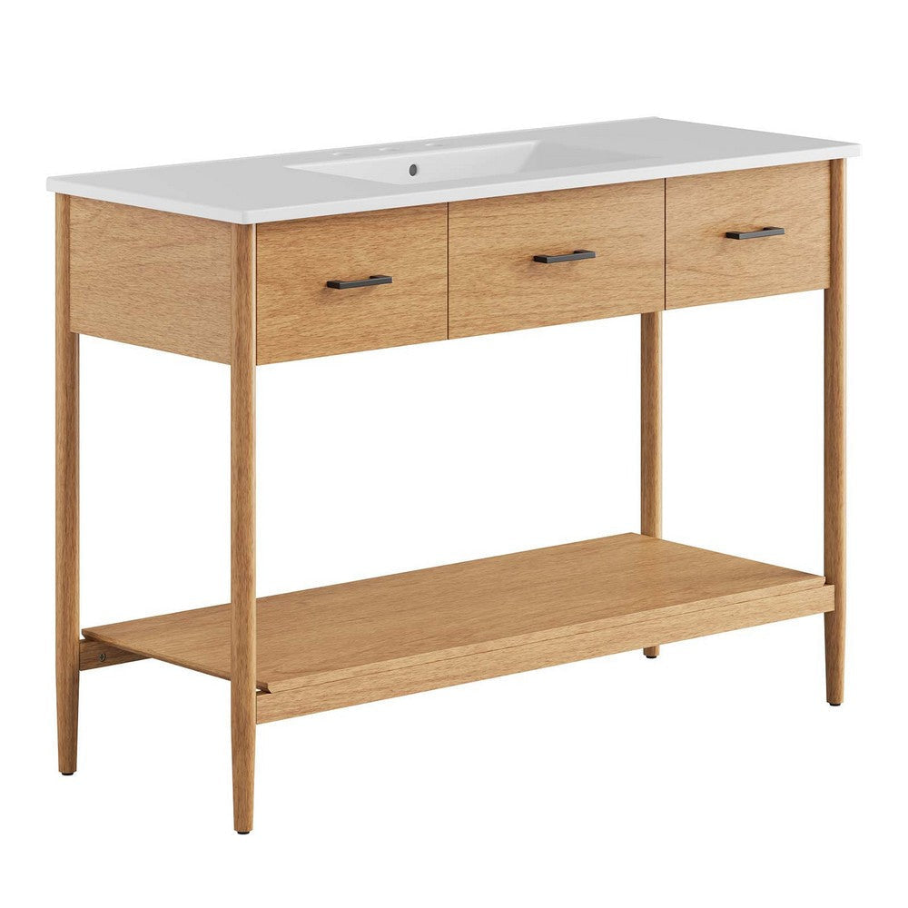 Modway Zaire 48” Mid-Century Single Bathroom Vanity Washstand in Natural White with Ceramic Sink Basin, 48 Inches