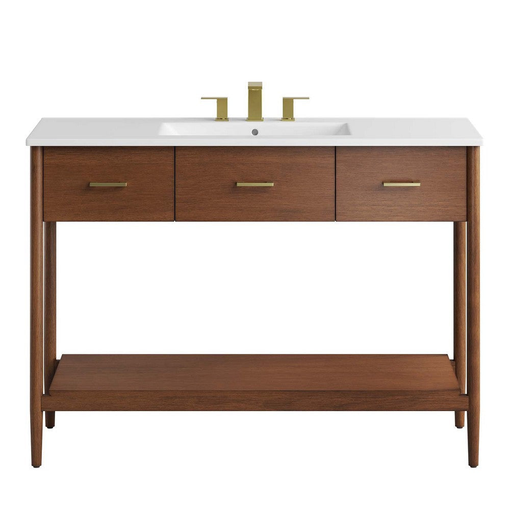 Modway Zaire 48” Mid-Century Single Bathroom Vanity Washstand in Walnut White with Ceramic Sink Basin 48 Inches MDY-EEI-6824-WAL-WHI