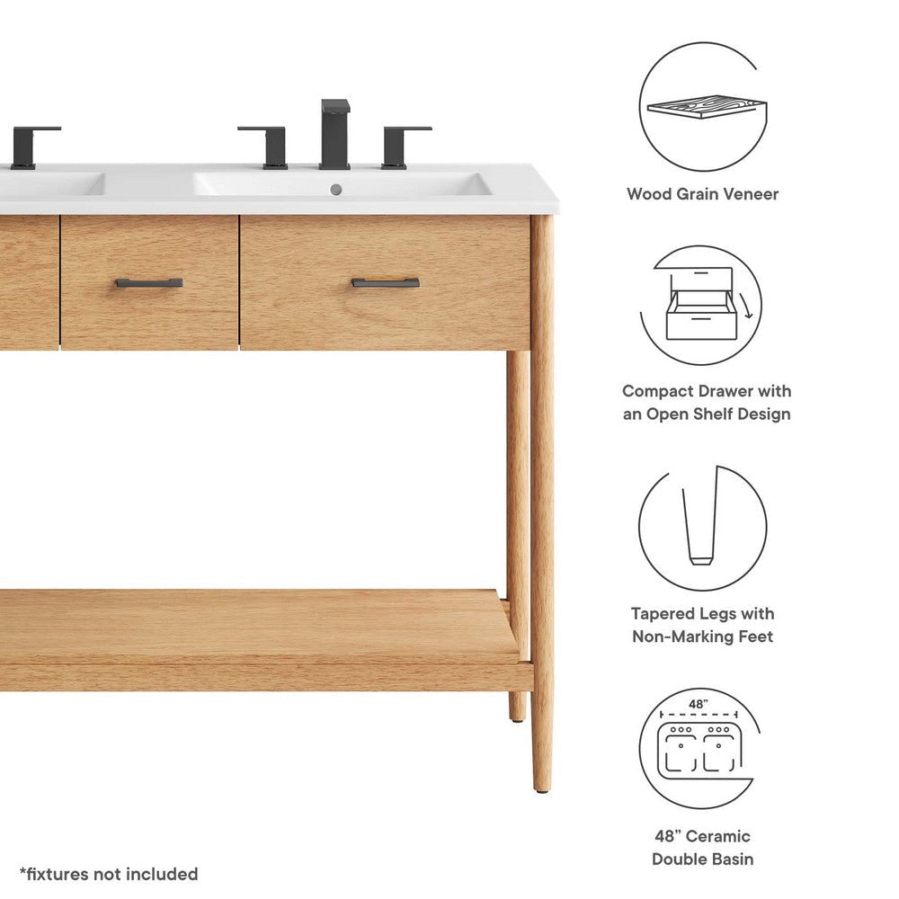 Modway Zaire 48” Mid-Century Bathroom Sink Vanity Washstand in Natural White with Dual Ceramic Basins 48 Inches Double MDY-EEI-6826-NAT-WHI