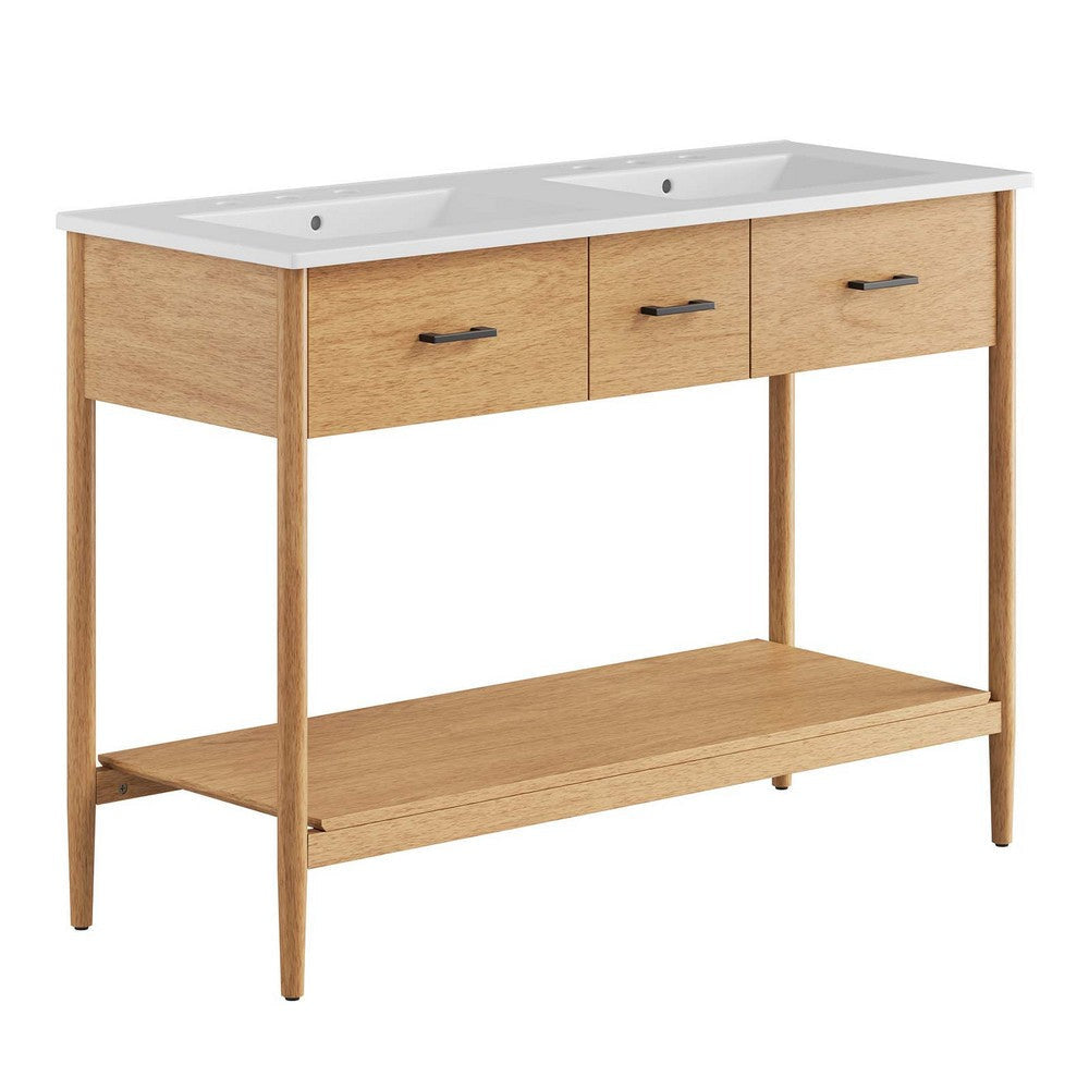 Modway Zaire 48” Mid-Century Bathroom Sink Vanity Washstand in Natural White with Dual Ceramic Basins, 48 Inches Double