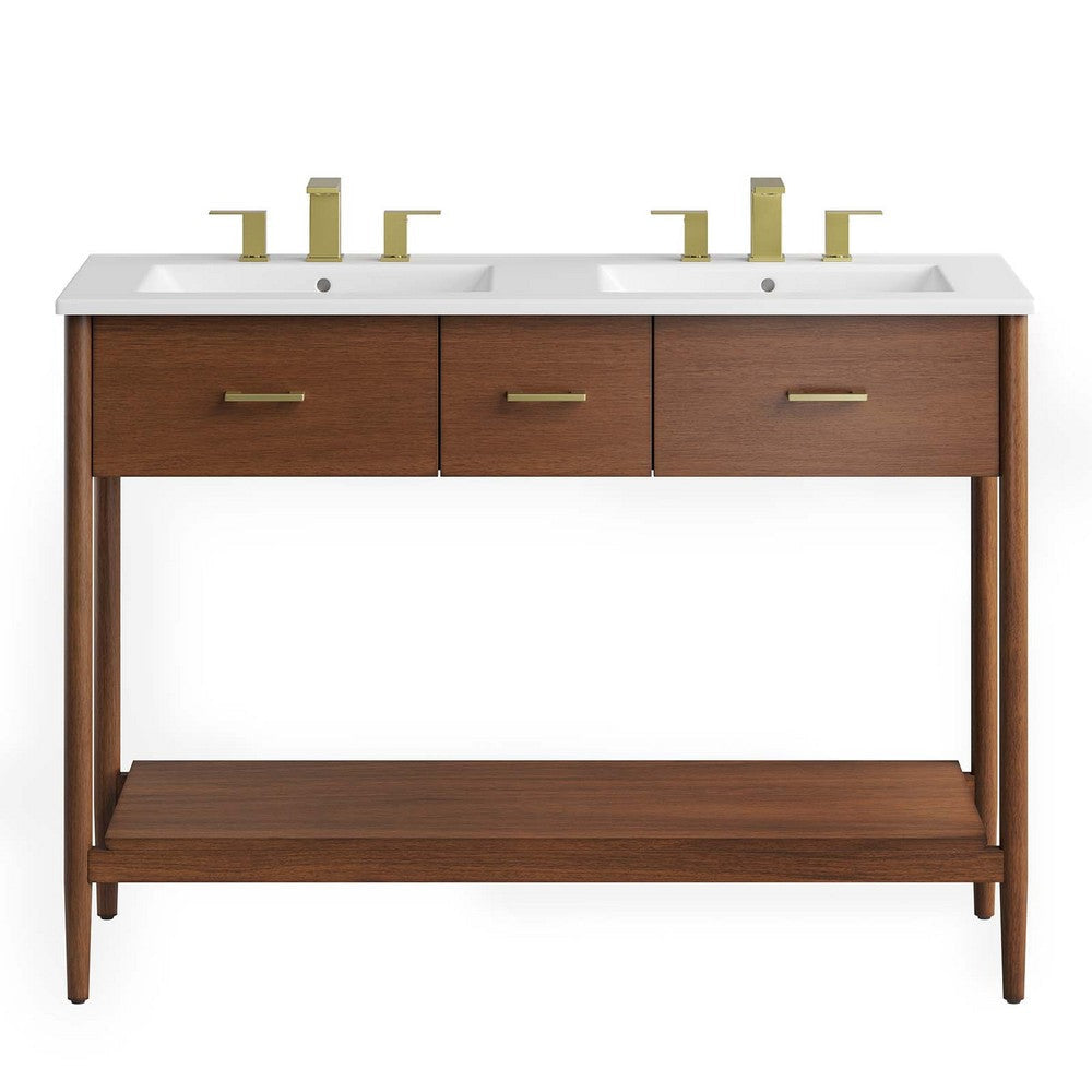 Modway Zaire 48” Mid-Century Bathroom Sink Vanity Washstand in Walnut White with Dual Ceramic Basins 48 Inches Double MDY-EEI-6826-WAL-WHI