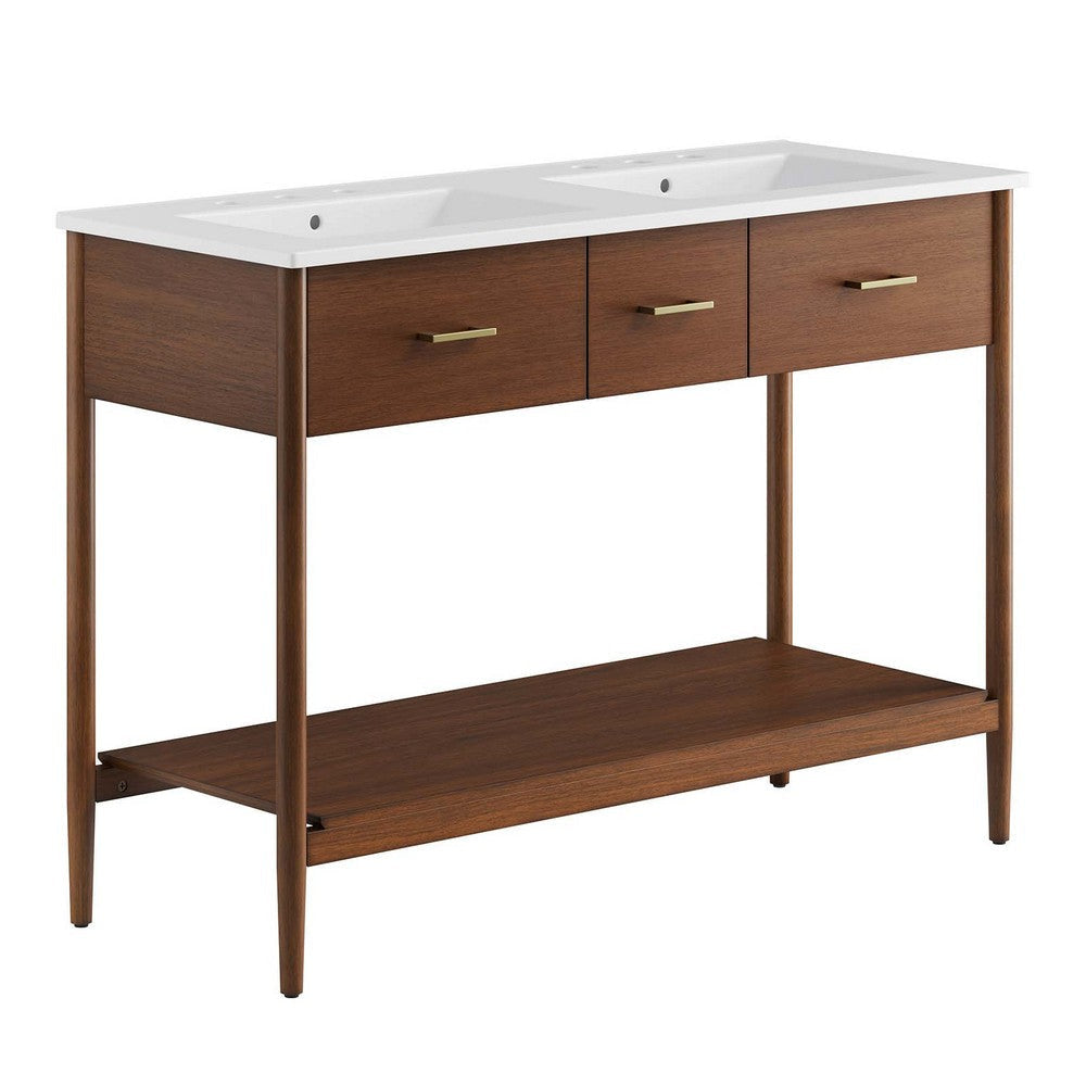 Modway Zaire 48” Mid-Century Bathroom Sink Vanity Washstand in Walnut White with Dual Ceramic Basins, 48 Inches Double