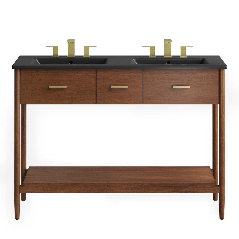 Modway Zaire 48” Mid-Century Bathroom Sink Vanity Washstand in Walnut Black with Dual Ceramic Basins 48 Inches Double MDY-EEI-6827-WAL-BLK