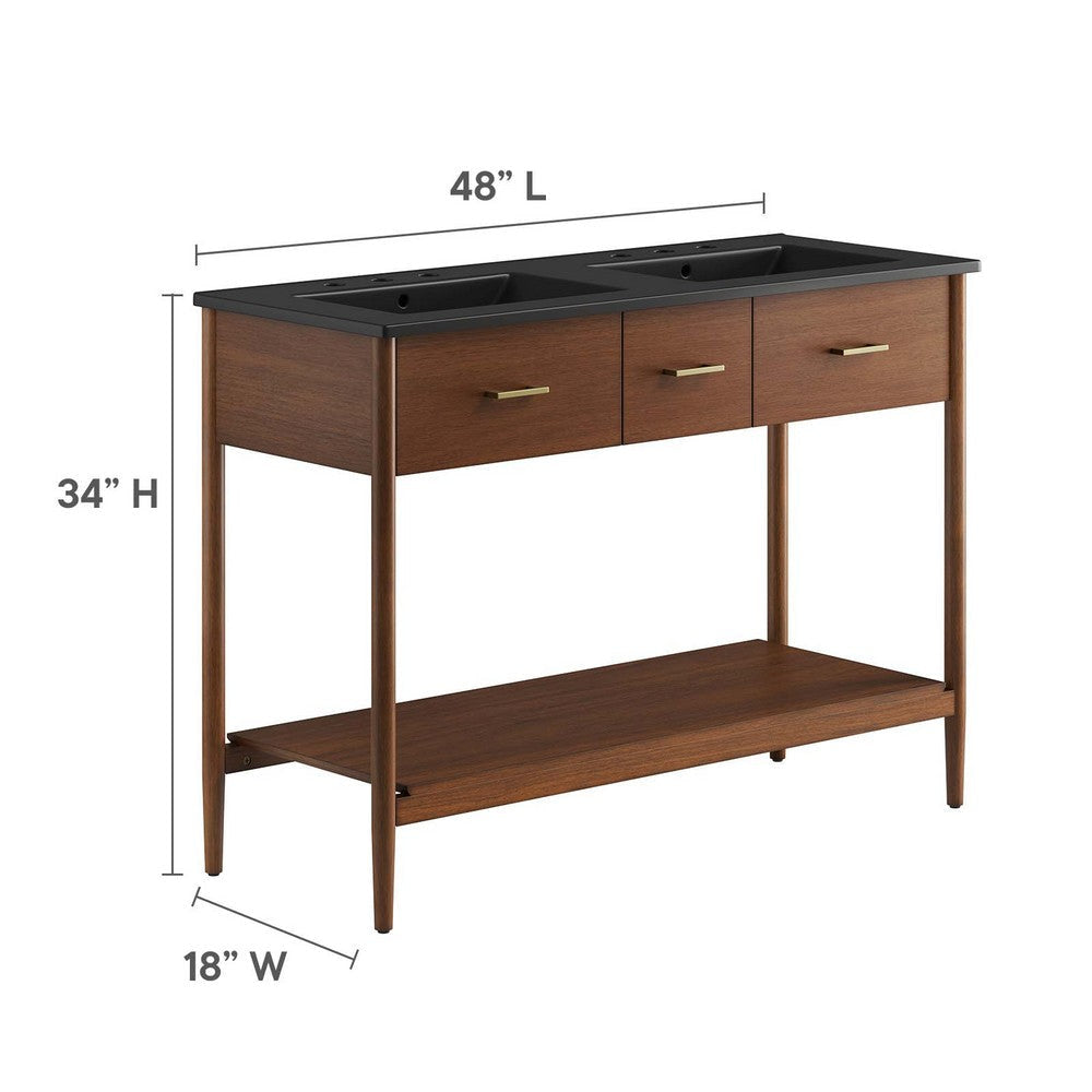 Modway Zaire 48” Mid-Century Bathroom Sink Vanity Washstand in Walnut Black with Dual Ceramic Basins 48 Inches Double MDY-EEI-6827-WAL-BLK