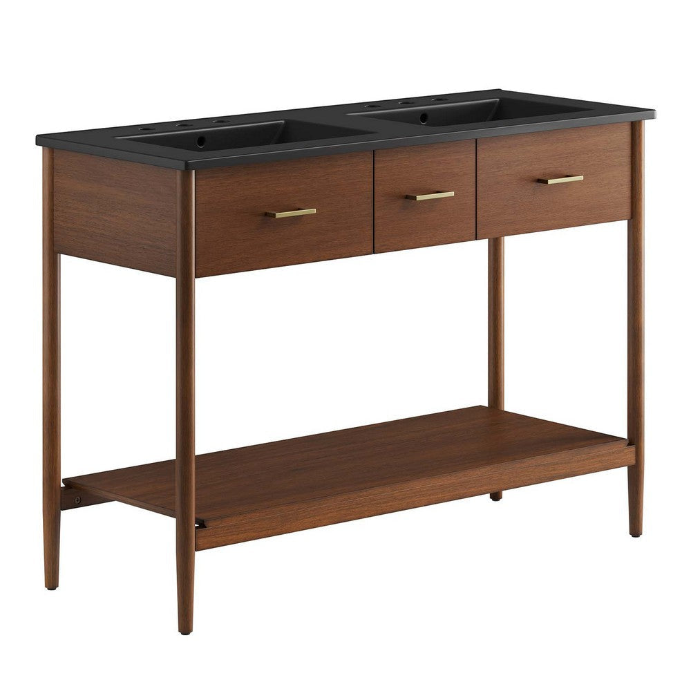 Modway Zaire 48” Mid-Century Bathroom Sink Vanity Washstand in Walnut Black with Dual Ceramic Basins, 48 Inches Double