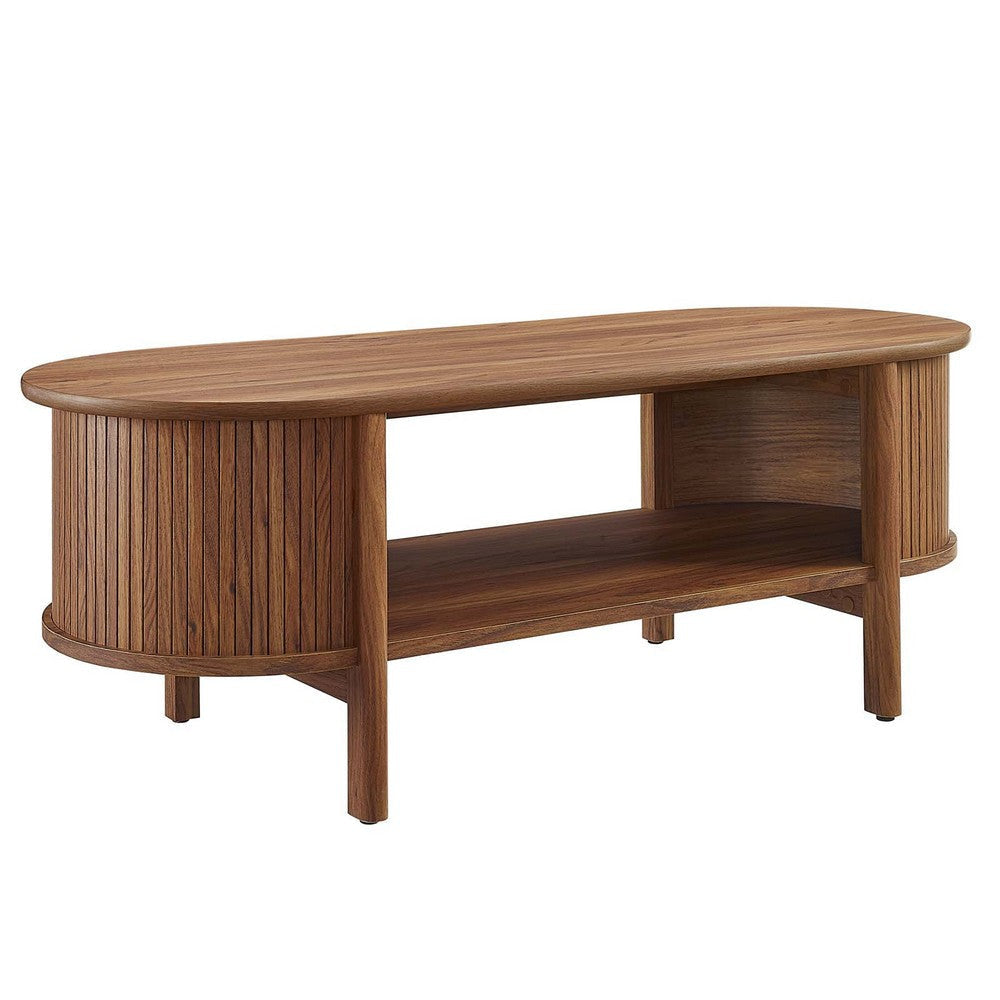 Modway Cadence Oval Coffee Table in [Color] - Mid Century Modern Center Table with Open Storage for Living Room Organization - Wood Grain Fluted Accent Table