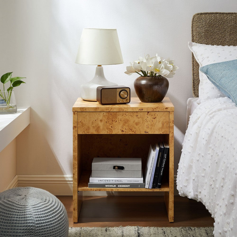 Modway Hudson 1-Drawer Burl Wood Nightstand With Shelf Natural