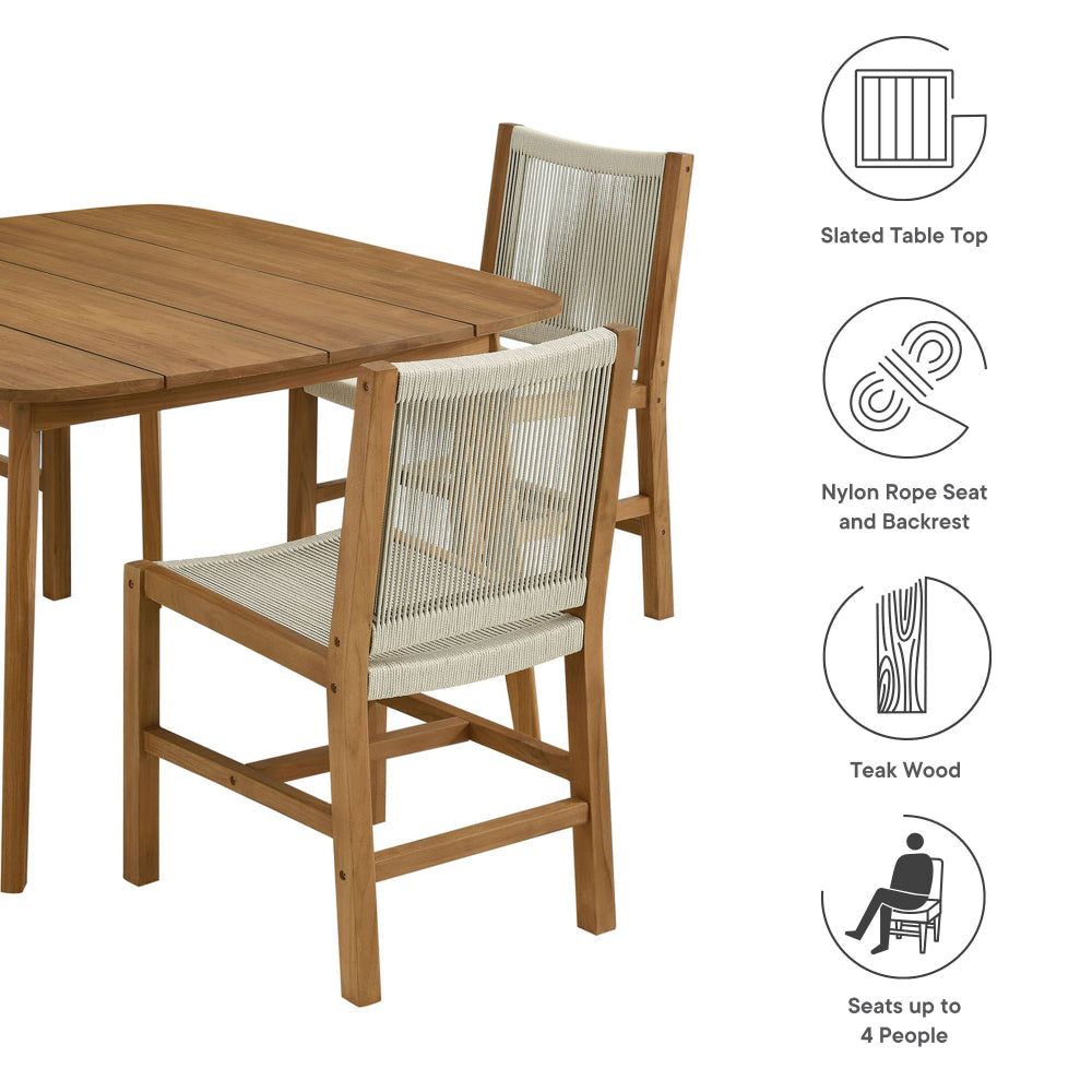 Modway Vienna Outdoor Patio Teak Wood 5-Piece Dining Set in Natural Natural – Weather-Resistant Dining Table with Rounded Corners