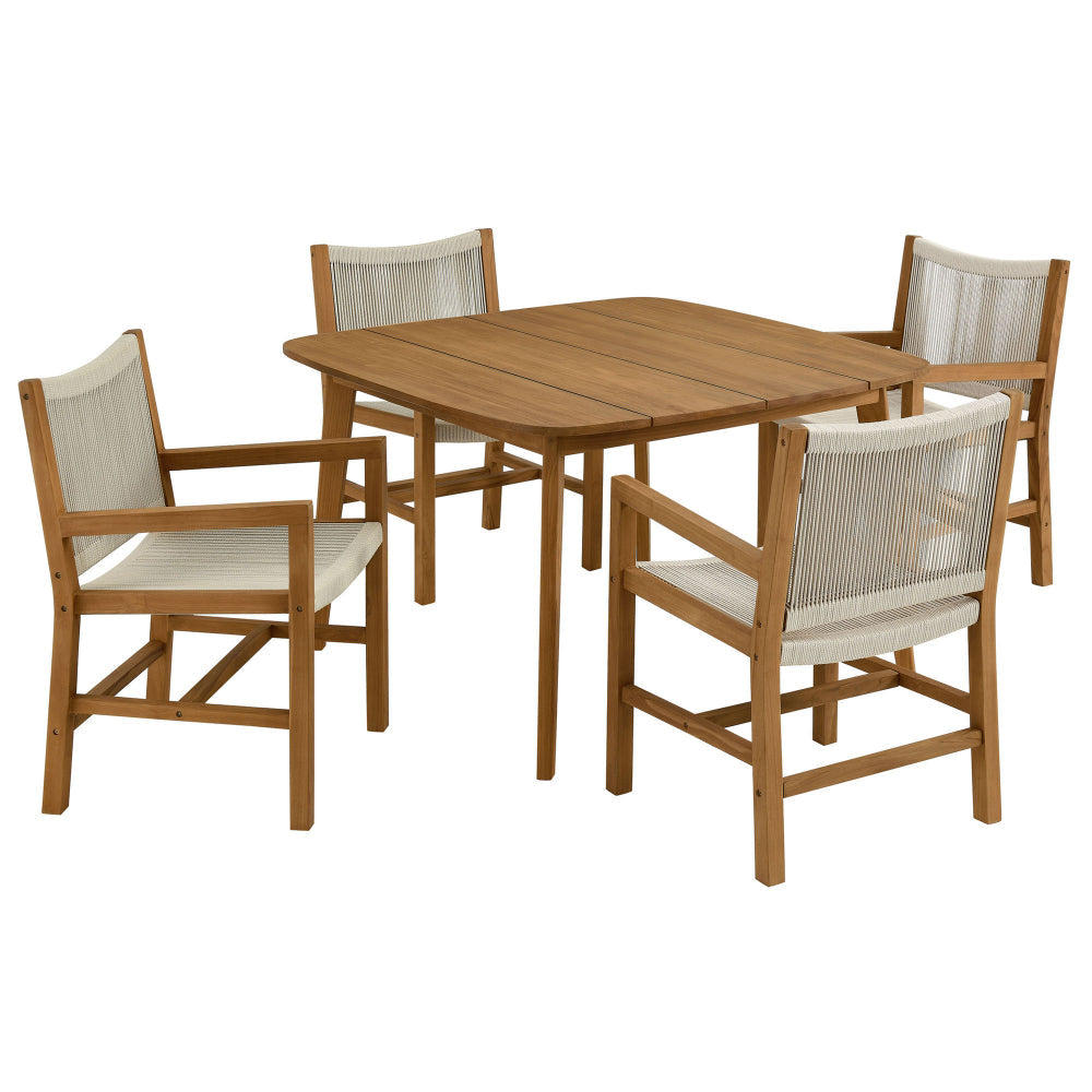 Modway Vienna Outdoor Patio Teak Wood 5-Piece Dining Set in Natural Natural – Weather-Resistant Dining Table with Rounded Corners and Armchairs – Backyard Garden Table and Chair Set for 4
