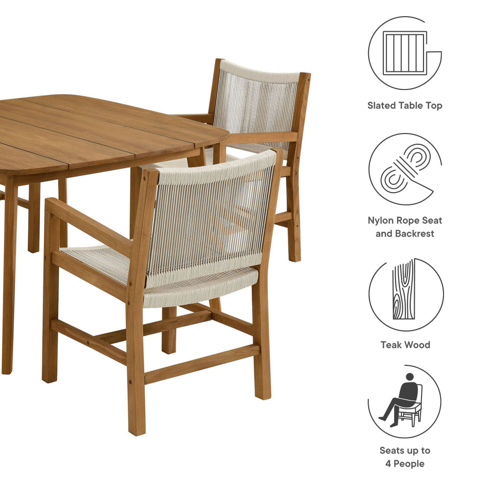 Modway Vienna Outdoor Patio Teak Wood 5-Piece Dining Set in Natural Natural – Weather-Resistant Dining Table with Rounded Corners