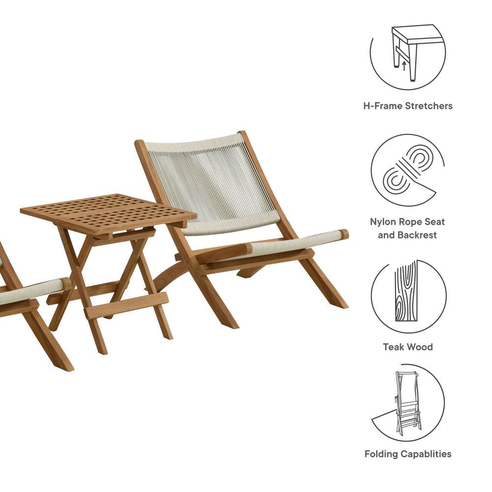 Modway Vienna Outdoor Patio Teak Wood 3-Piece Furniture Set in Natural Natural