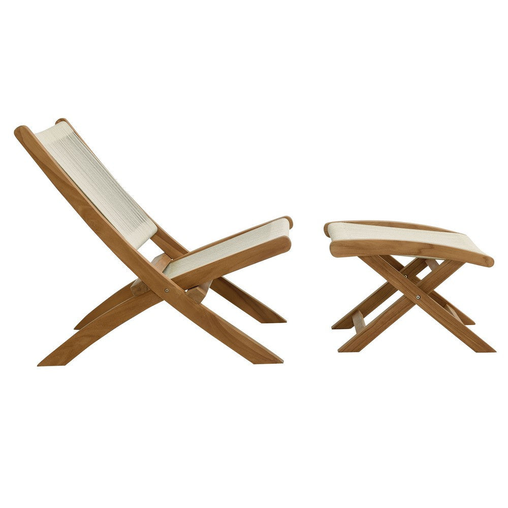 Modway Vienna Outdoor Patio Teak Wood 2-Piece Folding Chair and Ottoman Set in Natural Natural