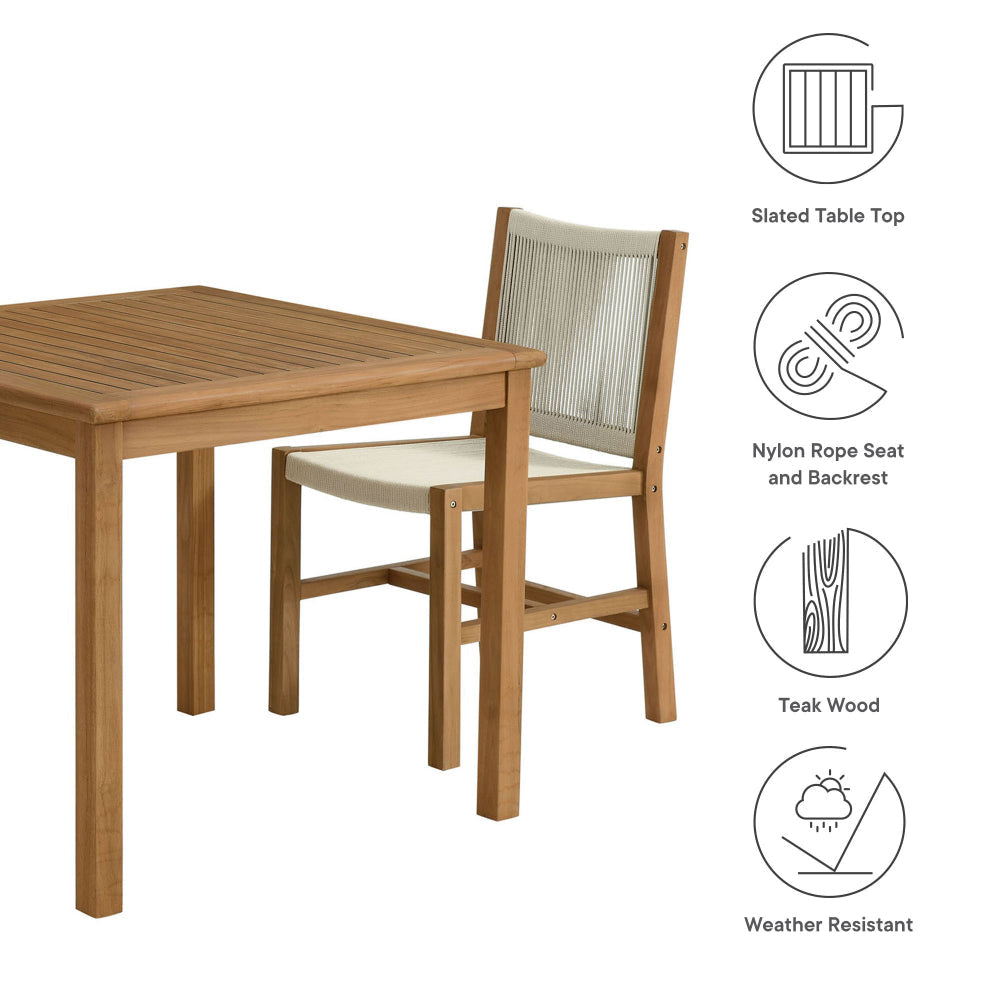 Modway Vienna Outdoor Patio Teak Wood 3-Piece Dining Set in Natural Natural – Weather-Resistant Square Dining Table with Woven Rope Armless