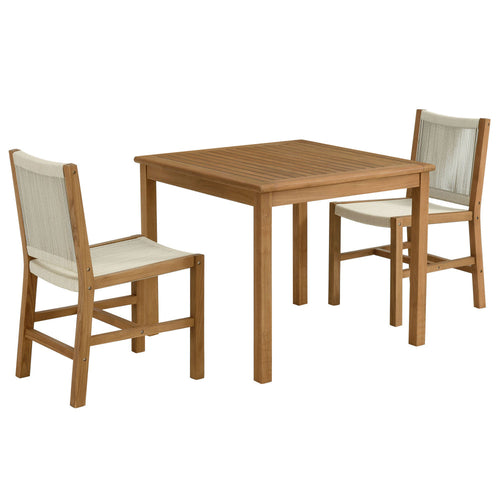 Modway Vienna Outdoor Patio Teak Wood 3-Piece Dining Set in Natural Natural – Weather-Resistant Square Dining Table with Woven Rope Armless Chairs – Bistro Set for 2 – Chair Patio Set with Table