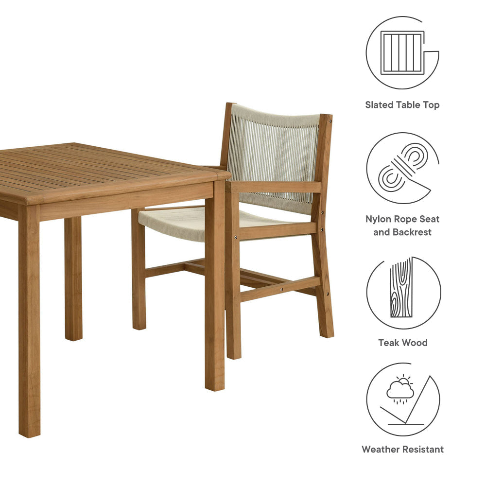 Modway Vienna Outdoor Patio Teak Wood 3-Piece Dining Set in Natural Natural – Weather-Resistant Square Dining Table with Woven Rope