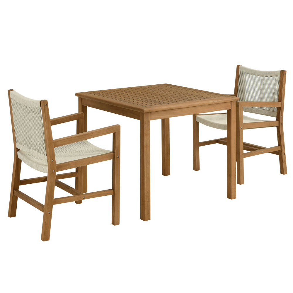 Modway Vienna Outdoor Patio Teak Wood 3-Piece Dining Set in Natural Natural – Weather-Resistant Square Dining Table with Woven Rope Armchairs – Bistro Set for 2 – Chair Patio Set with Table