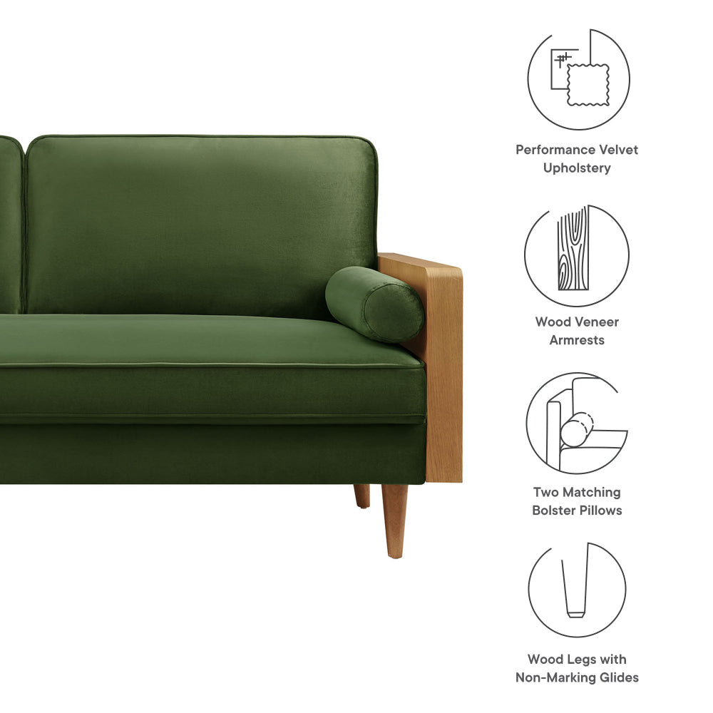 Modway Kellan 72 Inch Velvet Sofa in Walnut Moss Green