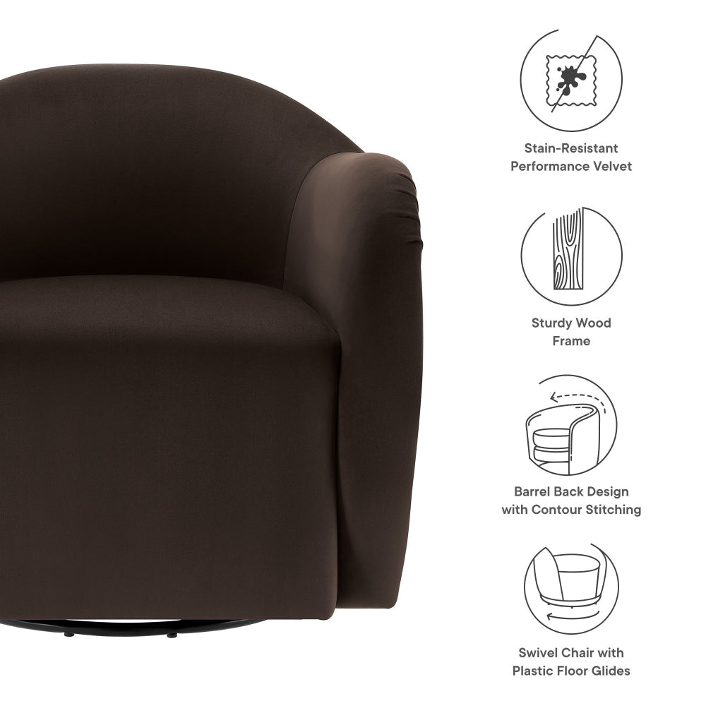 Modway Compose Performance Velvet Swivel Armchair in Chocolate Brown - Barrel Accent Chair - Comfy Round Single Sofa Chair with 360°