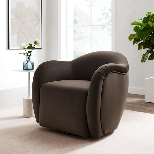 Modway Compose Performance Velvet Swivel Armchair in Chocolate Brown - Barrel Accent Chair - Comfy Round Single Sofa Chair with 360° Rotation - Modern Upholstered Club Chair for Living Room, Bedroom