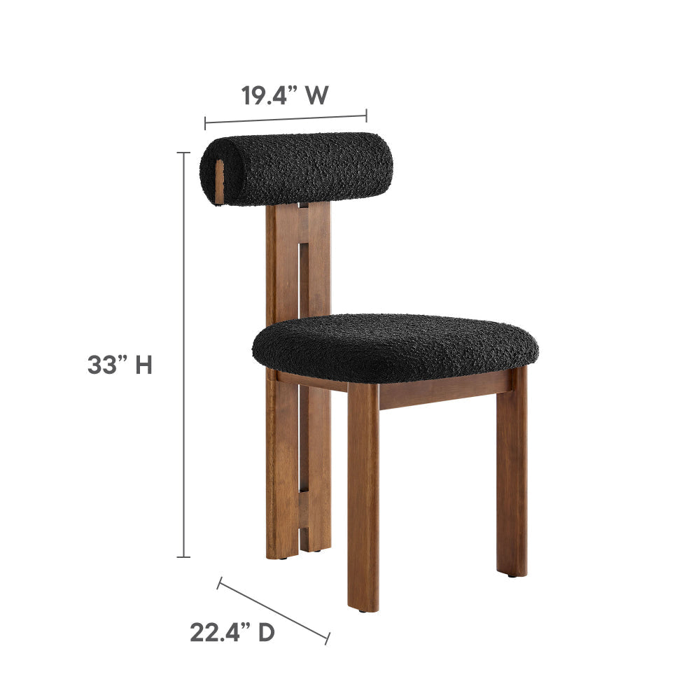 Modway Torian Upholstered Boucle Dining Chairs Set of 2 in Walnut Black - 3-Legged Farmhouse Kitchen Chairs - Mid-Century Modern Armless